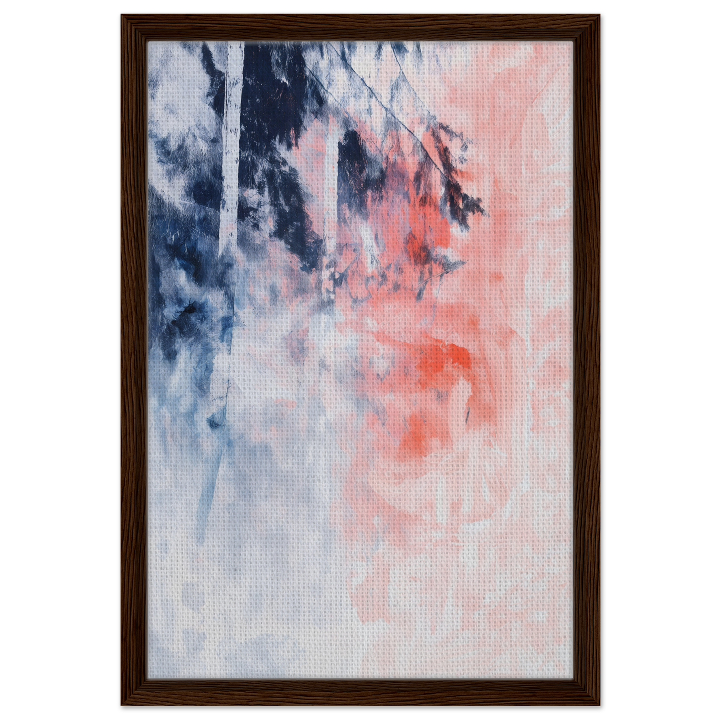 Abstract painting ’Serenade in Chaos’ features navy blue and soft pink in an exclusive framed canvas