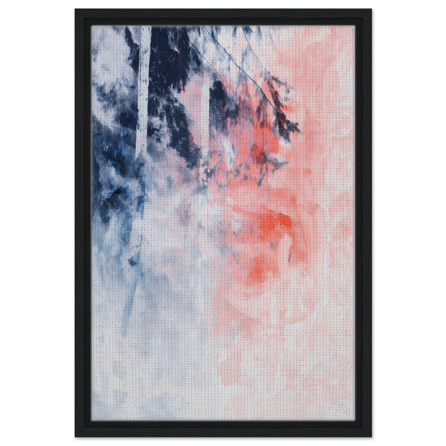 Abstract painting titled Serenade in Chaos featuring navy blue, pink, and white swirls on exclusive framed canvas for stylish room decor