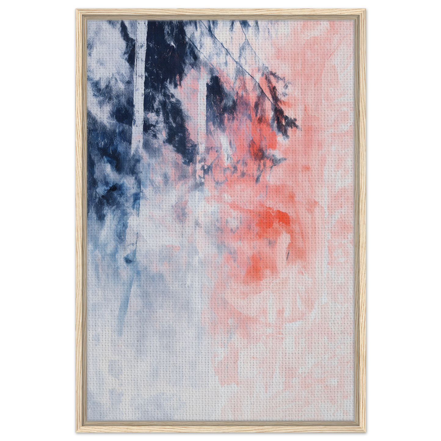 Abstract painting Serenade in Chaos featuring swirling blue, gray, and pink tones for exclusive framed canvas room decor