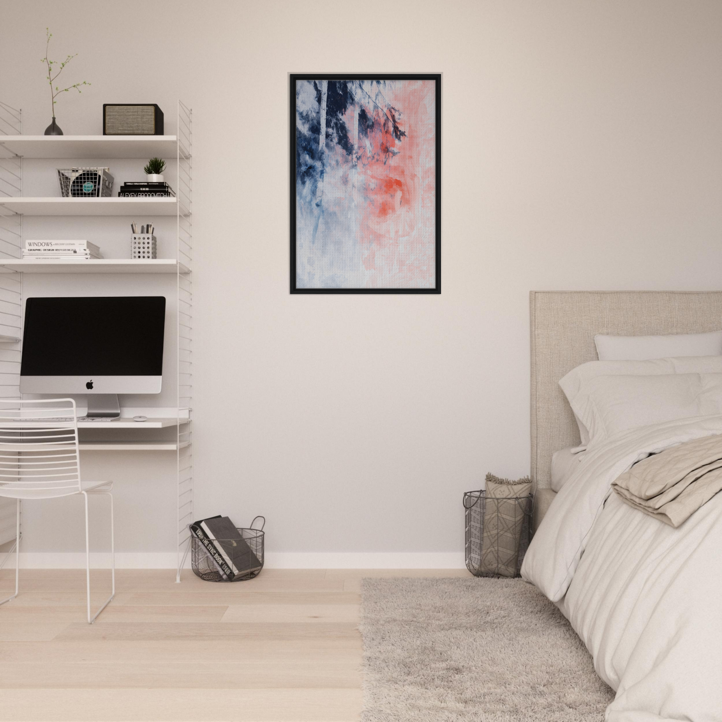 Abstract watercolor painting in blue and pink hues, exclusive framed canvas Serenade in Chaos