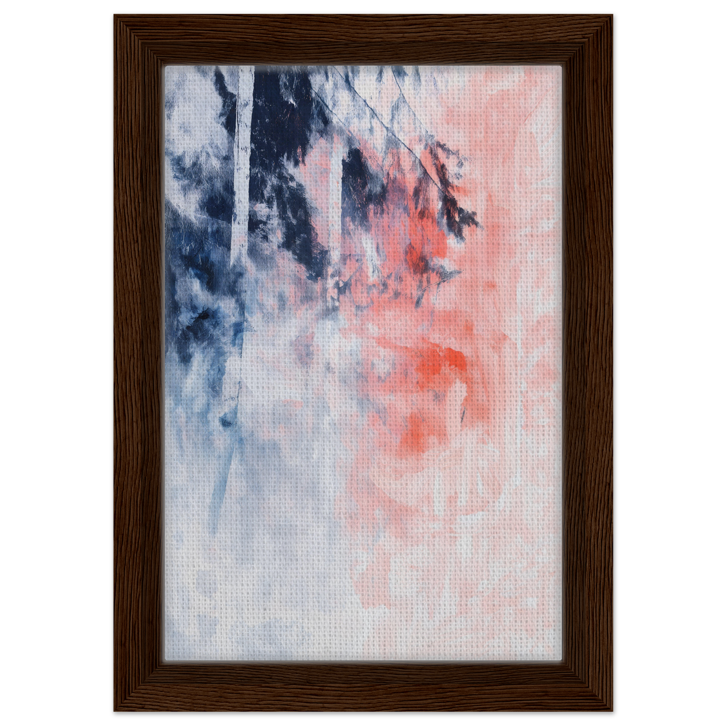 Exclusive framed canvas ’Serenade in Chaos’ features navy and coral swirls on white