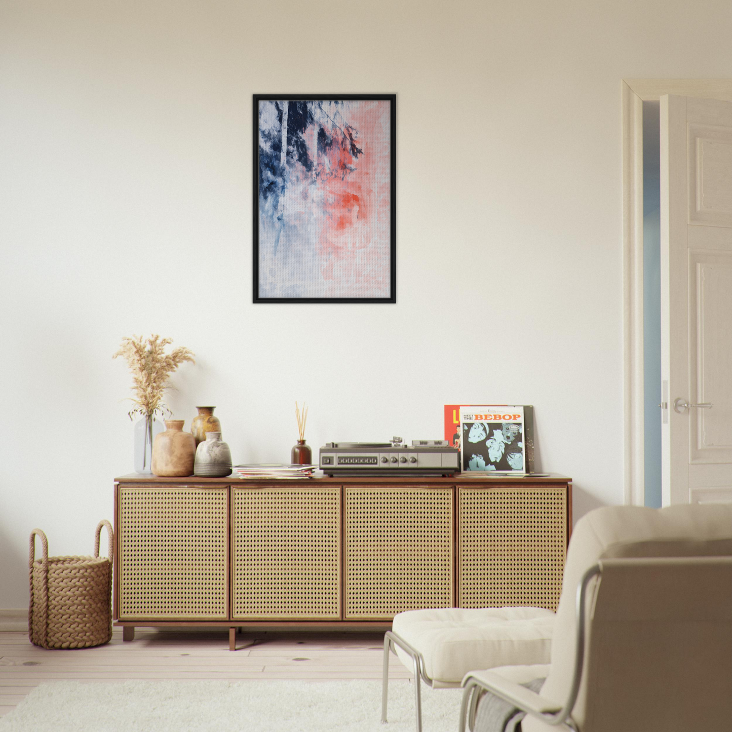 Wooden sideboard with cane-webbed doors and decorative items, complementing Serenade in Chaos