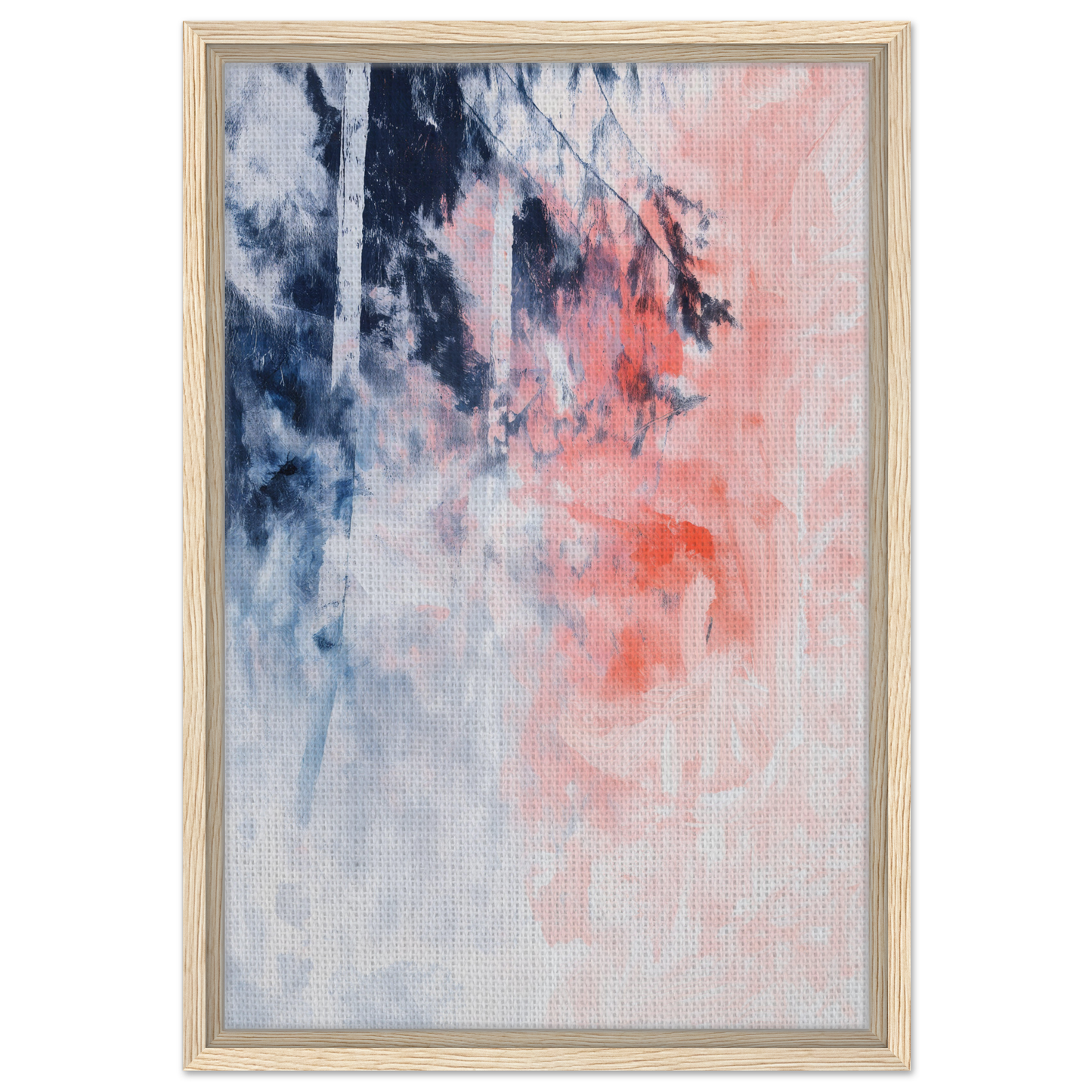 Exclusive framed canvas featuring an abstract painting with navy blue, white, and coral pink