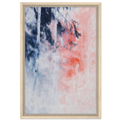 Exclusive framed canvas featuring an abstract painting with navy blue, white, and coral pink