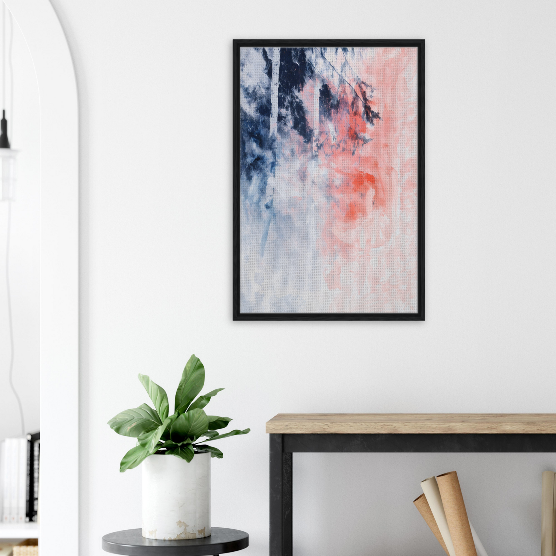 Abstract painting in soft blue and pink, exclusive framed canvas for elegant room decor