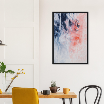 Abstract painting with blue, pink, and white swirls in an exclusive framed canvas