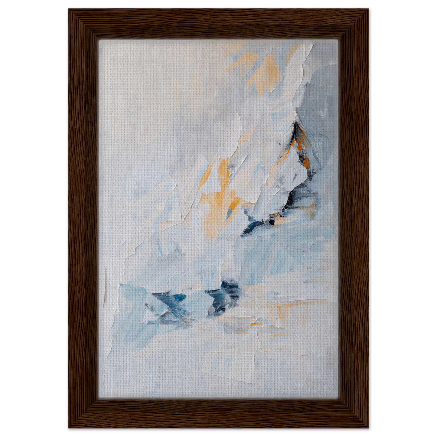 Abstract painting in blue, white, and yellow in a wooden frame, Serene Boundless Voyage