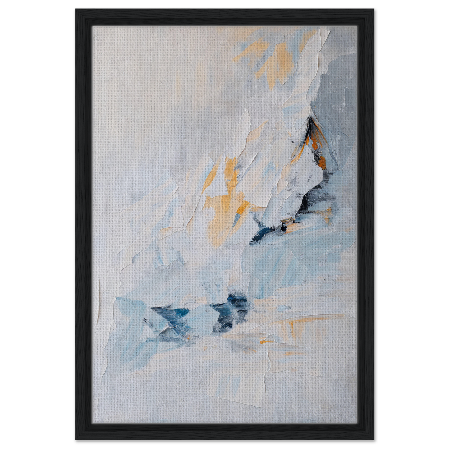 Abstract painting with blue, gray, and yellow brushstrokes in a Framed Canvas Print, Serene Boundless Voyage