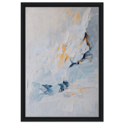 Abstract painting with blue, gray, and yellow brushstrokes in a Framed Canvas Print, Serene Boundless Voyage