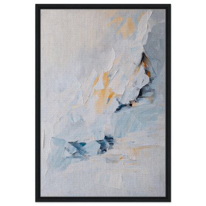 Abstract painting with soft blue, white, and yellow in a black frame for Serene Boundless Voyage