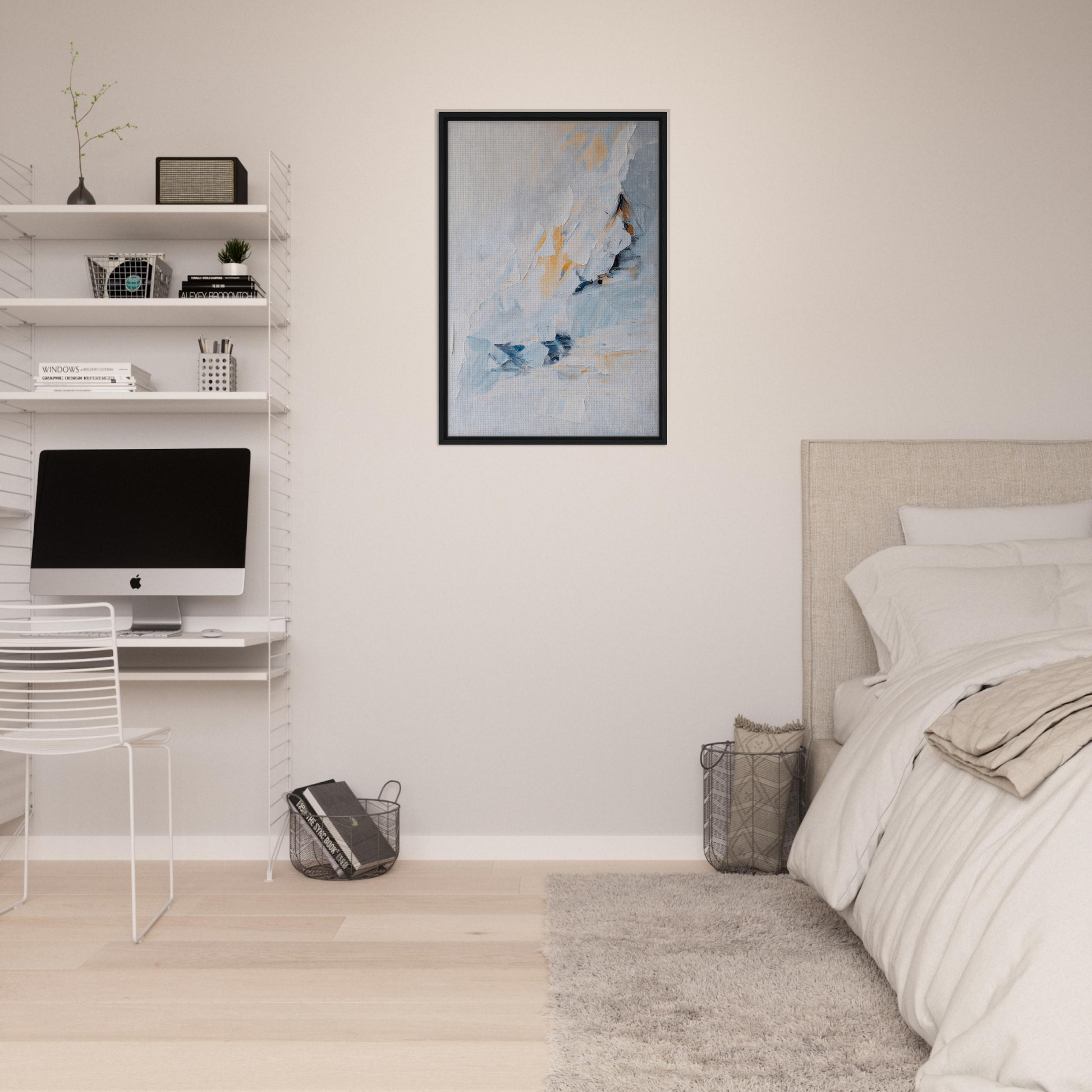 Minimalist bedroom featuring Serene Boundless Voyage framed canvas print and floating shelves