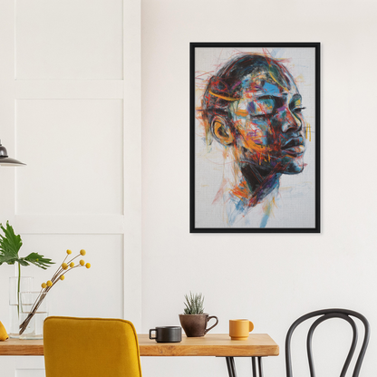 Colorful abstract portrait painting in black frame, ideal for serene chaos dreams room decor