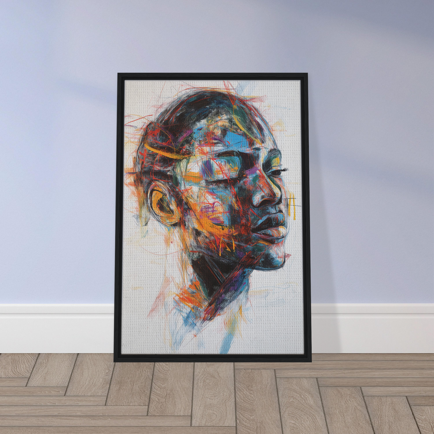 Colorful abstract portrait in black frame for Serene Chaos Dreams room decor