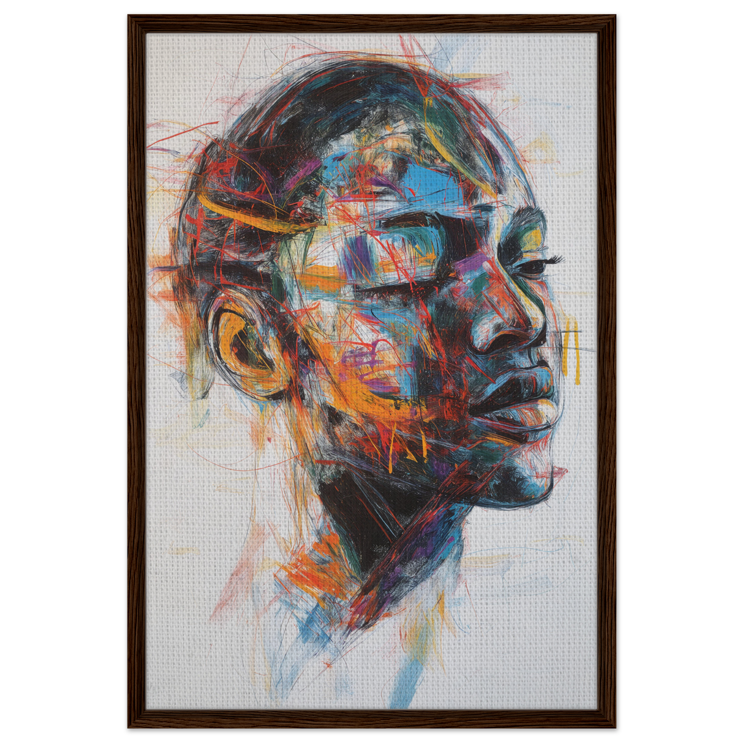 Colorful abstract portrait in Serene Chaos Dreams framed canvas print with vibrant brushstrokes