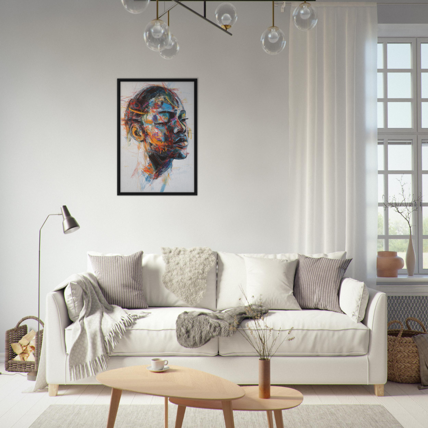 Colorful portrait in black frame for Serene Chaos Dreams room decor on white wall