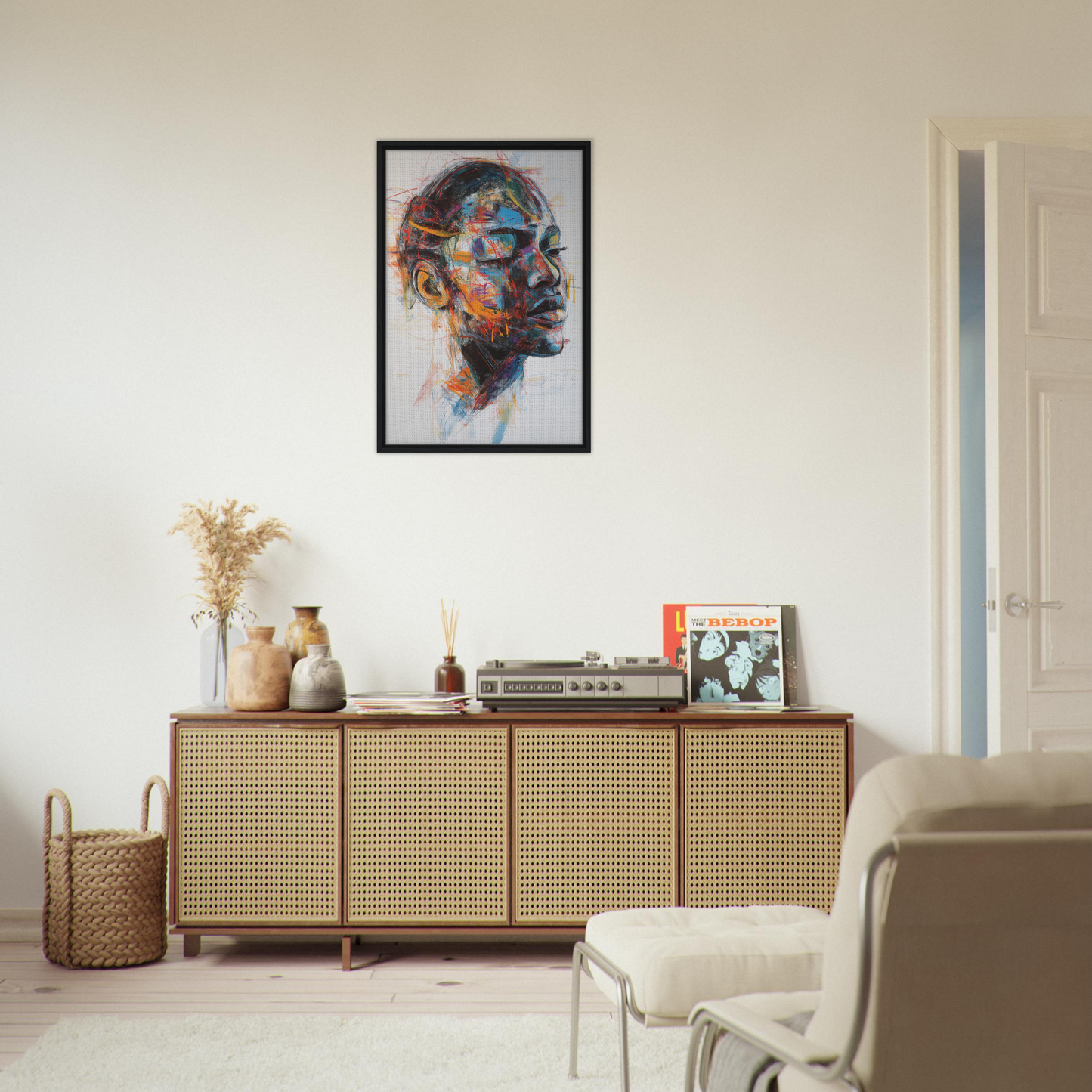 Colorful abstract portrait in black frame for Serene Chaos Dreams collection