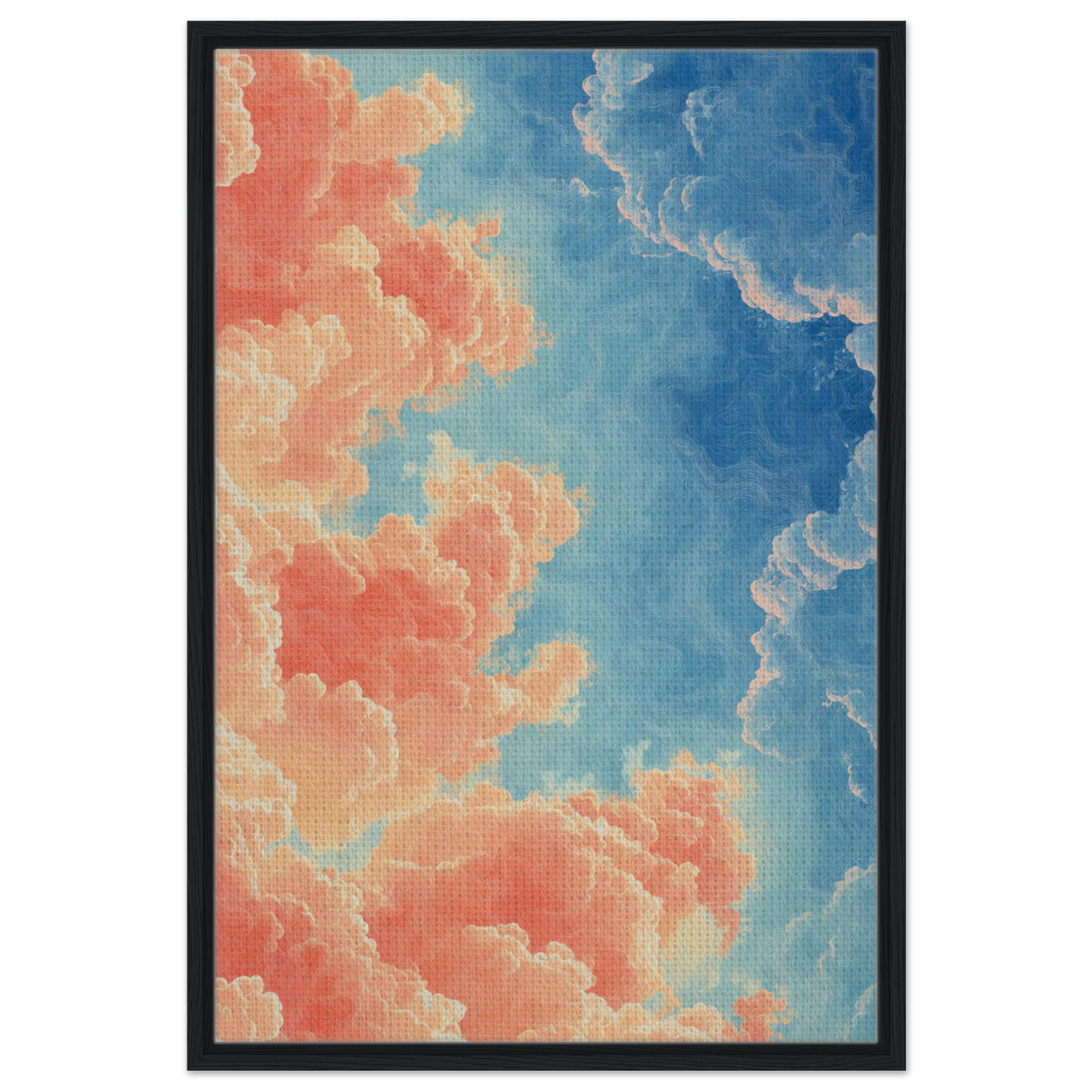 Painting of a vibrant sky with coral and blue clouds for Serene Clouddance Shade framed canvas print