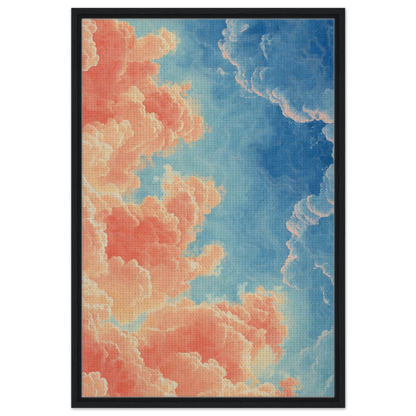 Painting of a vibrant sky with coral and blue clouds for Serene Clouddance Shade framed canvas print