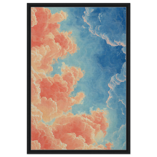 Painting of a vibrant sky with coral and blue clouds for Serene Clouddance Shade framed canvas print