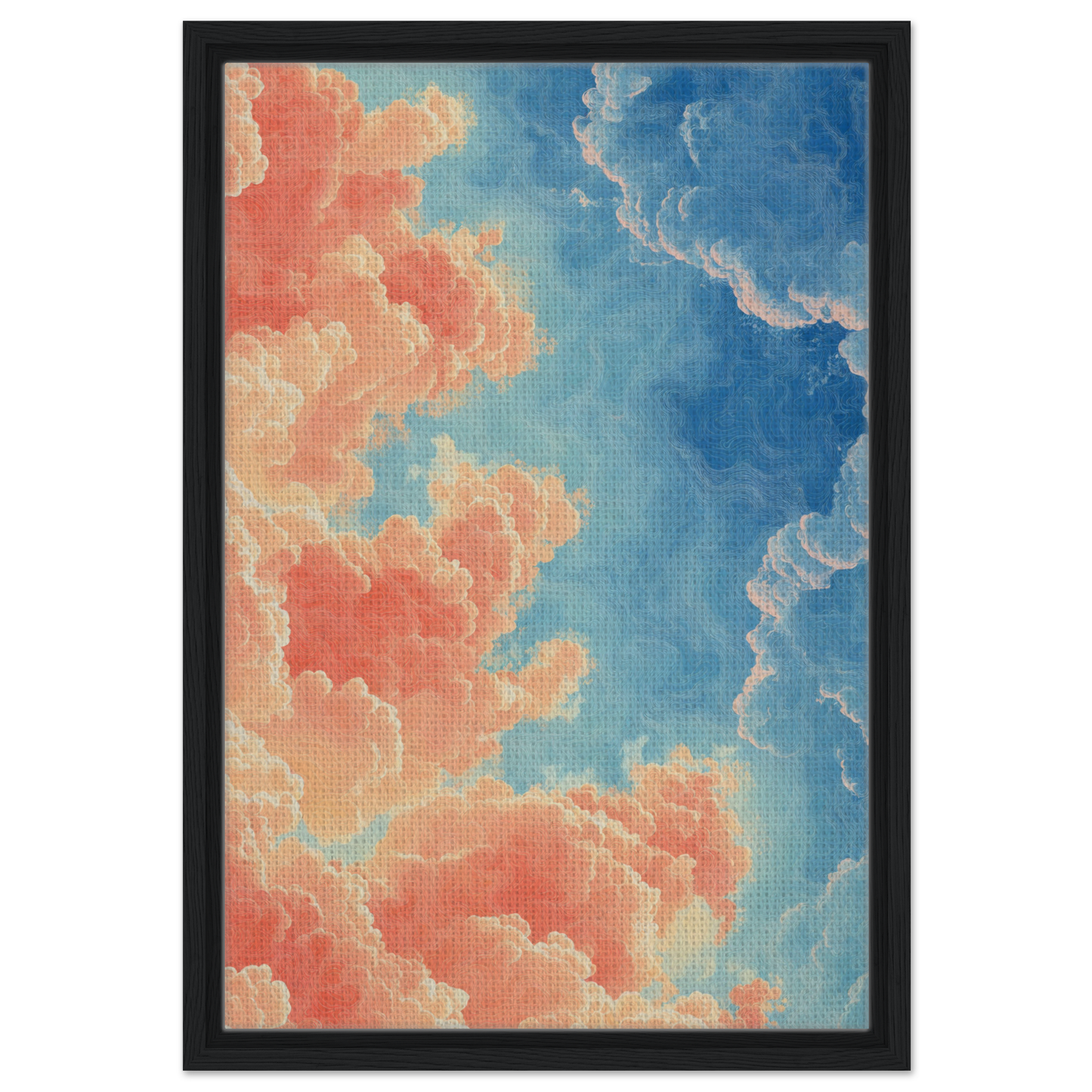 Colorful abstract painting of clouds in coral and blue for Serene Clouddance Shade room decor