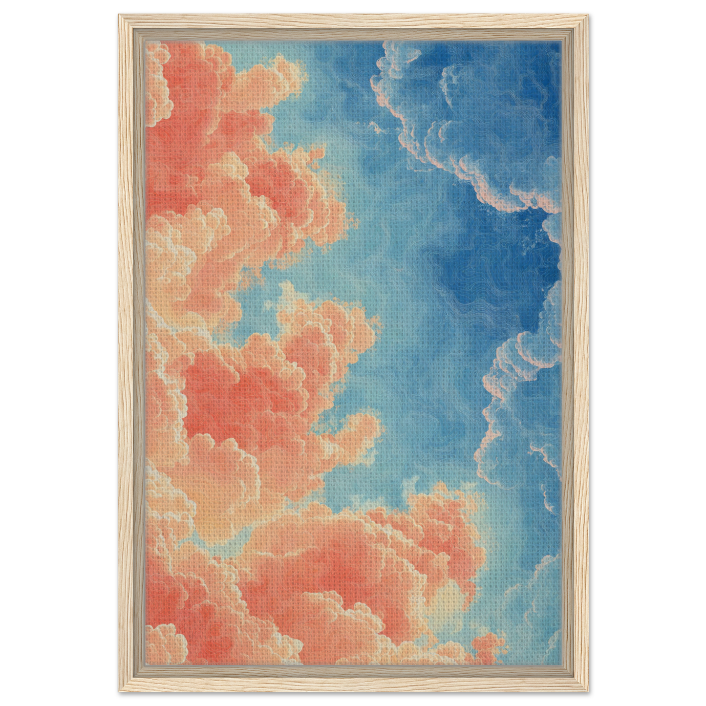 Colorful painting of clouds in coral pink and blue for Serene Clouddance Shade room decor