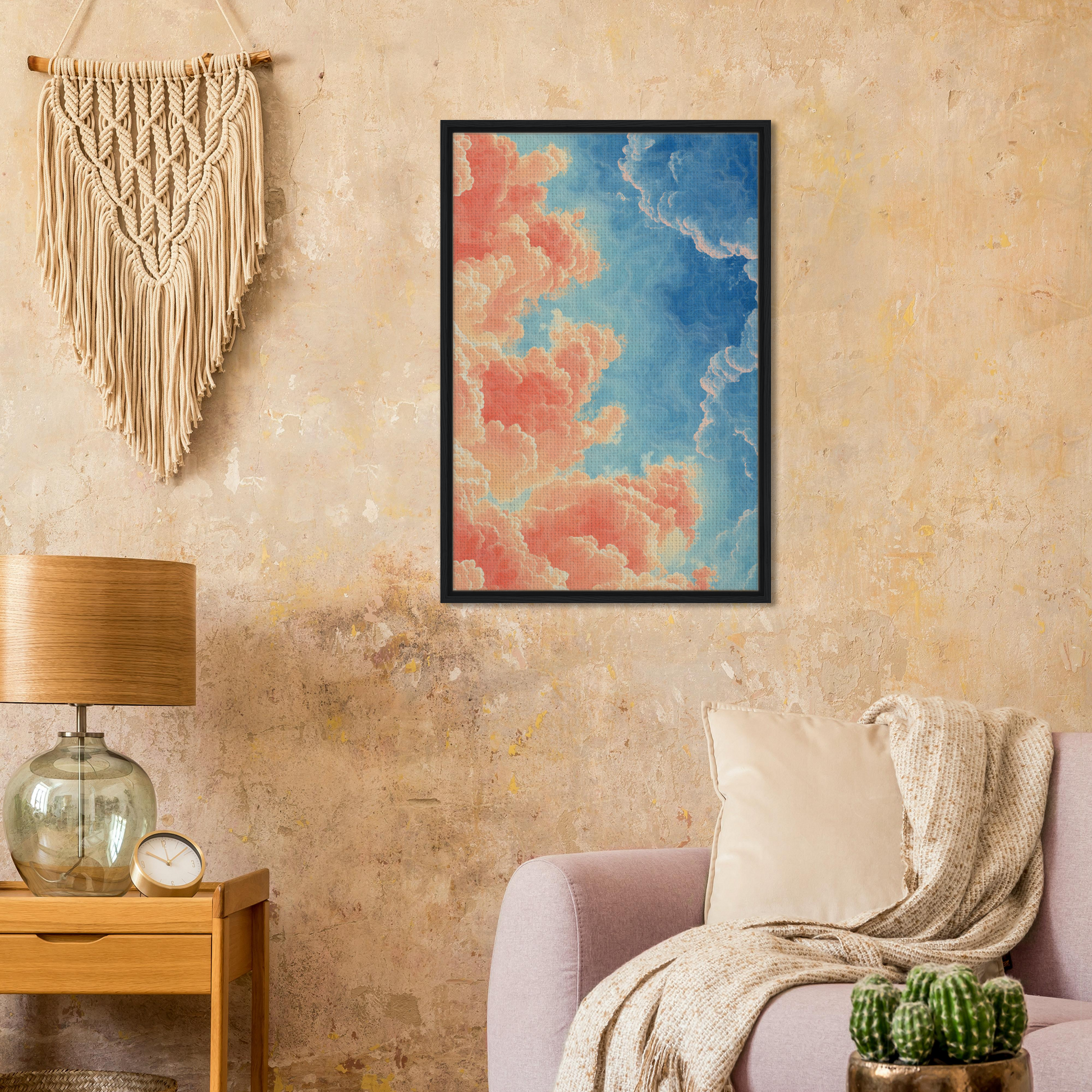 Framed painting of a colorful sky with clouds for Serene Clouddance Shade room decor