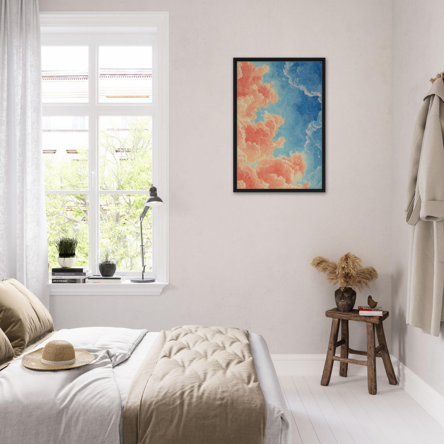 Cozy bedroom featuring Serene Clouddance Shade and a colorful framed canvas print