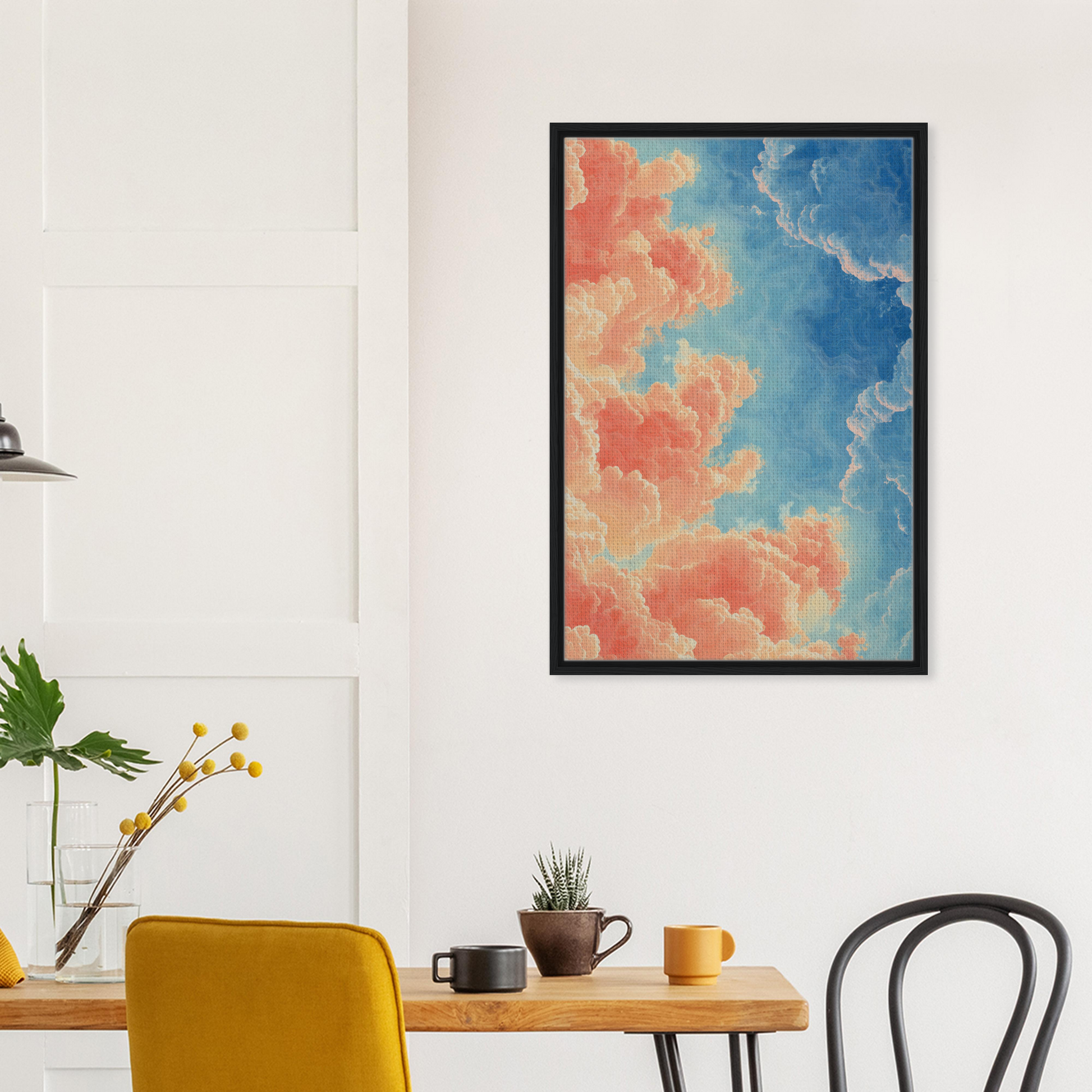 Framed canvas print of Serene Clouddance Shade with swirling coral and blue clouds