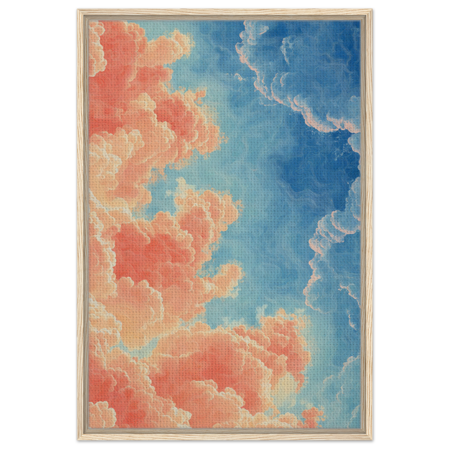 Framed canvas print of fluffy clouds in coral pink and blue, Serene Clouddance Shade