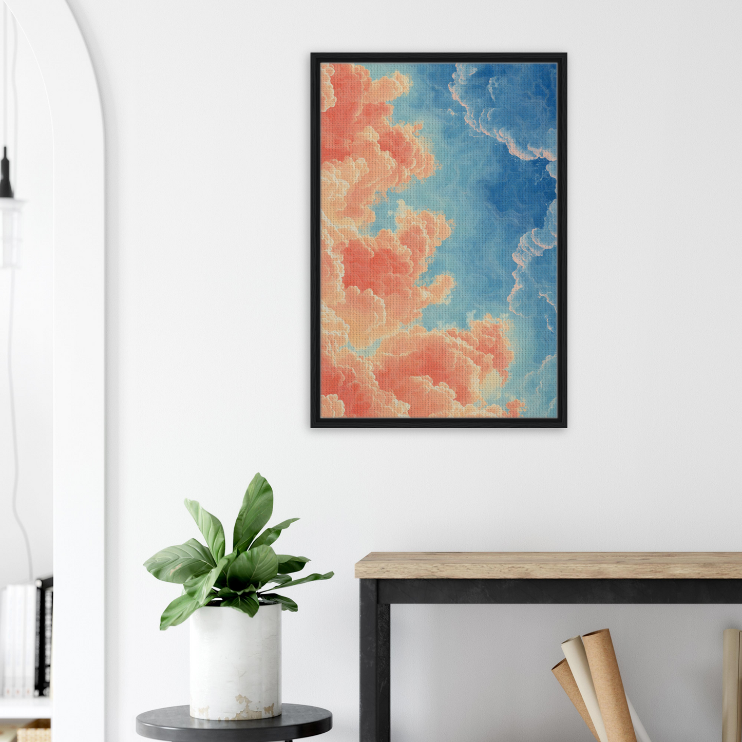 Framed canvas print of Serene Clouddance Shade with colorful sky and clouds in blue and peach