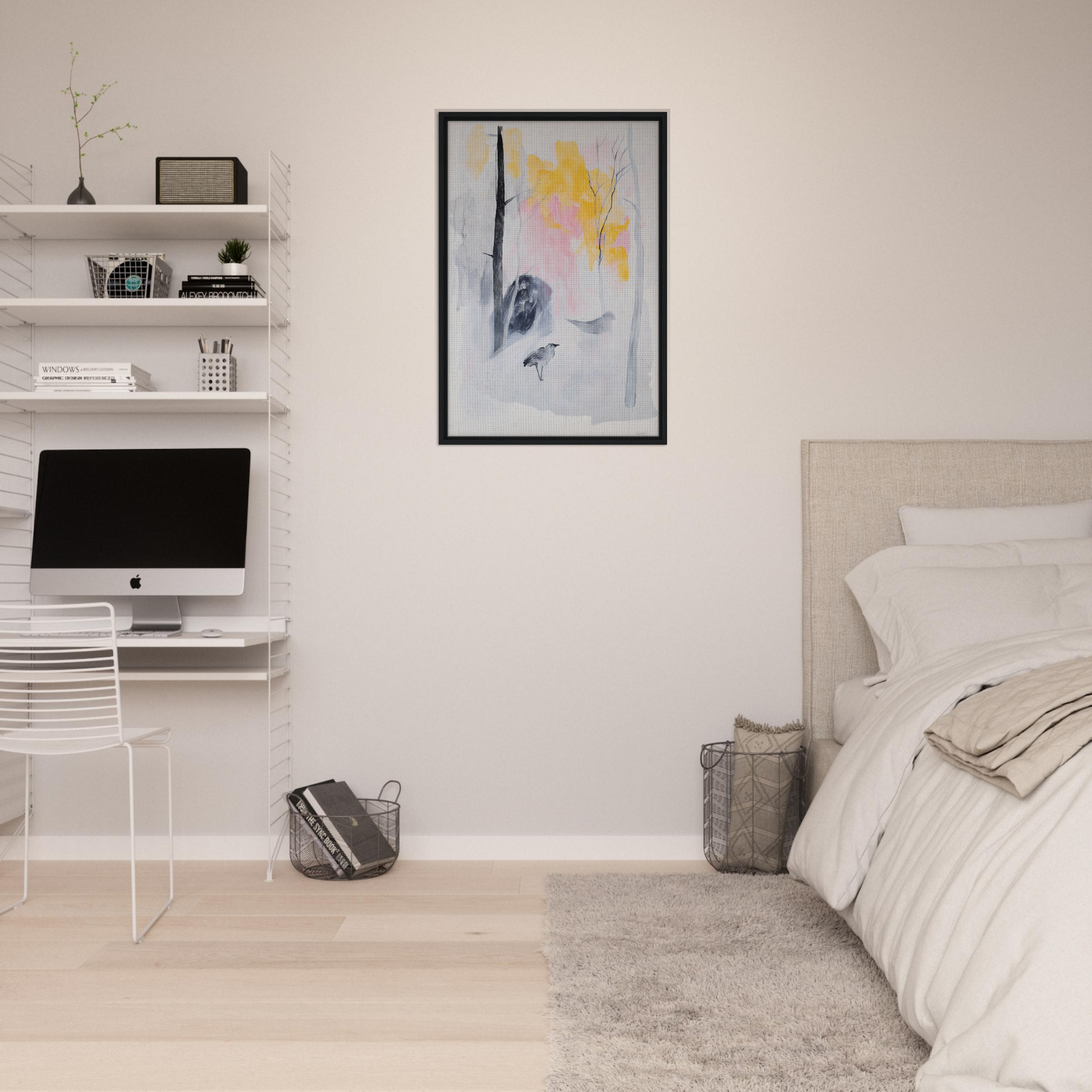 Minimalist bedroom with white walls and serene Dream Forest room decor featuring floating shelves