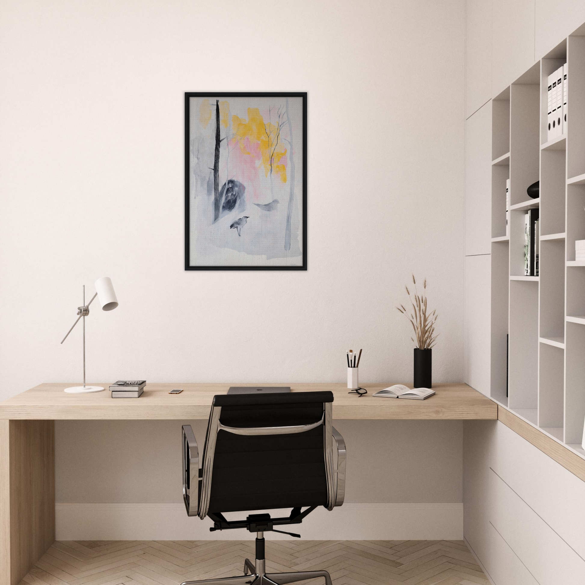 Minimalist home office featuring Serene Dream Forest framed canvas print and wooden desk