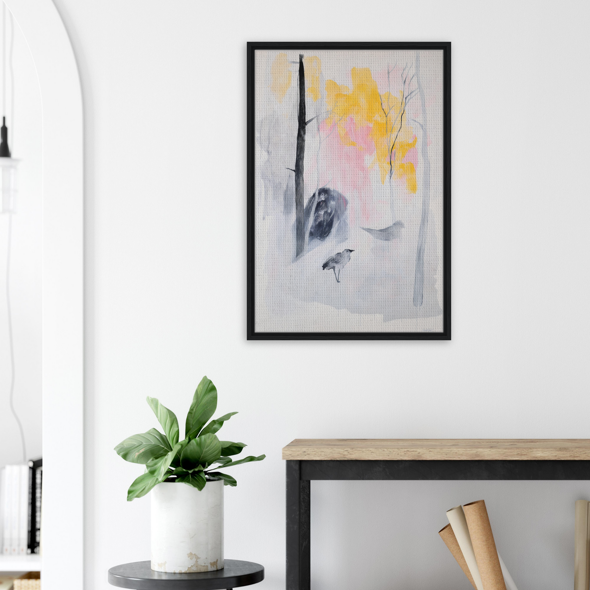 Abstract watercolor painting in black frame, soft tones for Serene Dream Forest room decor