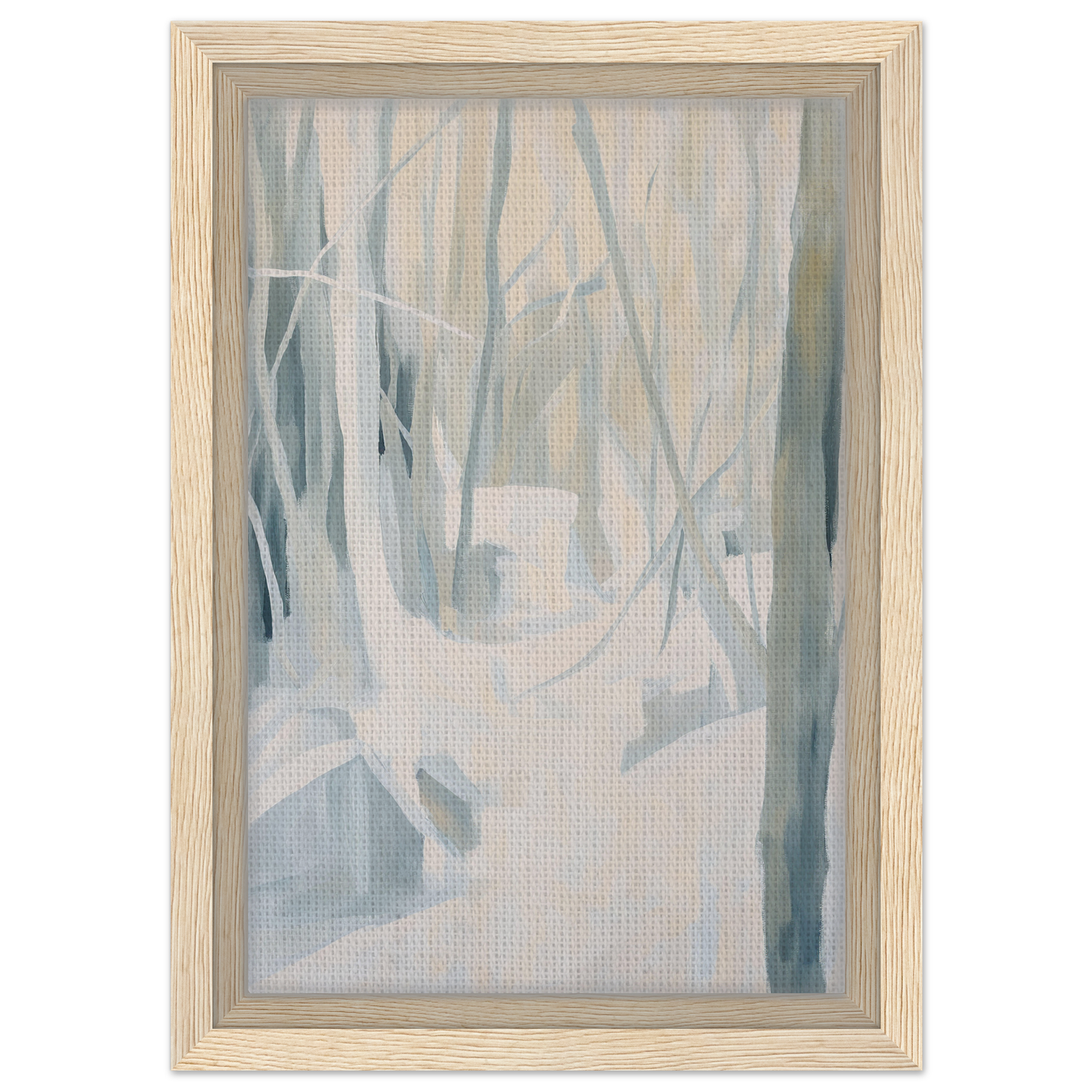 Abstract painting of a misty forest in muted blue-gray tones for Serene Frost Symphony room decor