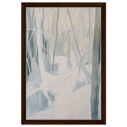 Abstract painting of pale misty forest trees in muted colors, Serene Frost Symphony framed canvas print