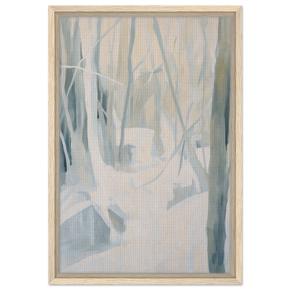 Abstract painting of a misty forest with pale trees, Serene Frost Symphony framed canvas print