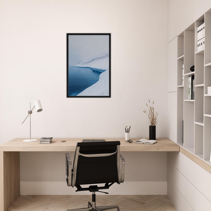 Minimalist home office featuring Serene Ice Reverie and a framed canvas print