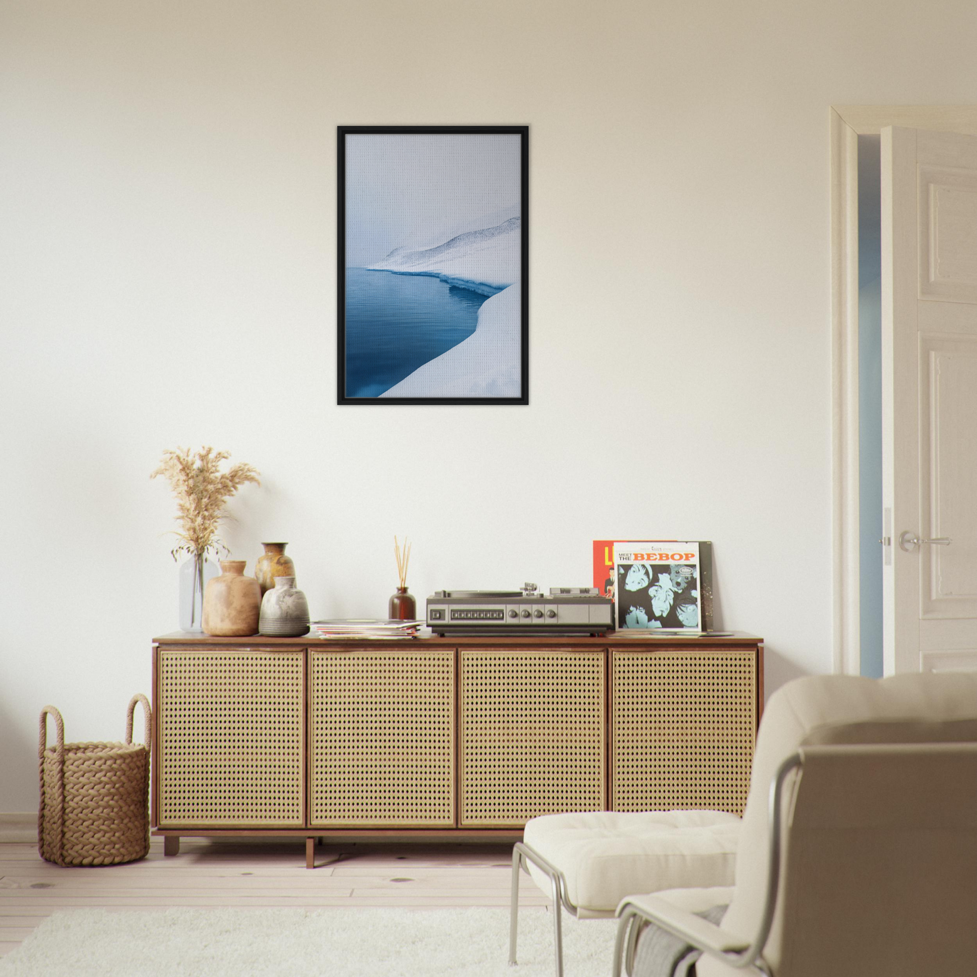 Wooden sideboard with cane-webbed doors and decor, part of Serene Ice Reverie collection