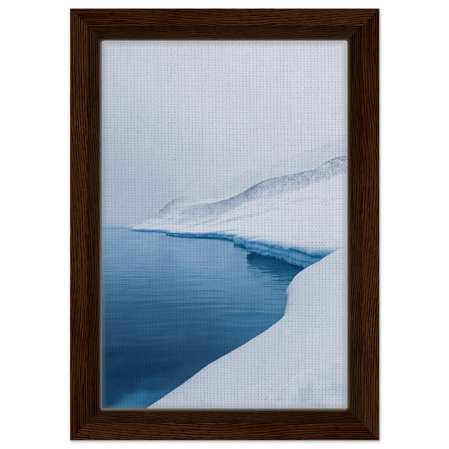 Framed canvas print of Serene Ice Reverie featuring a snowy landscape and blue waterway