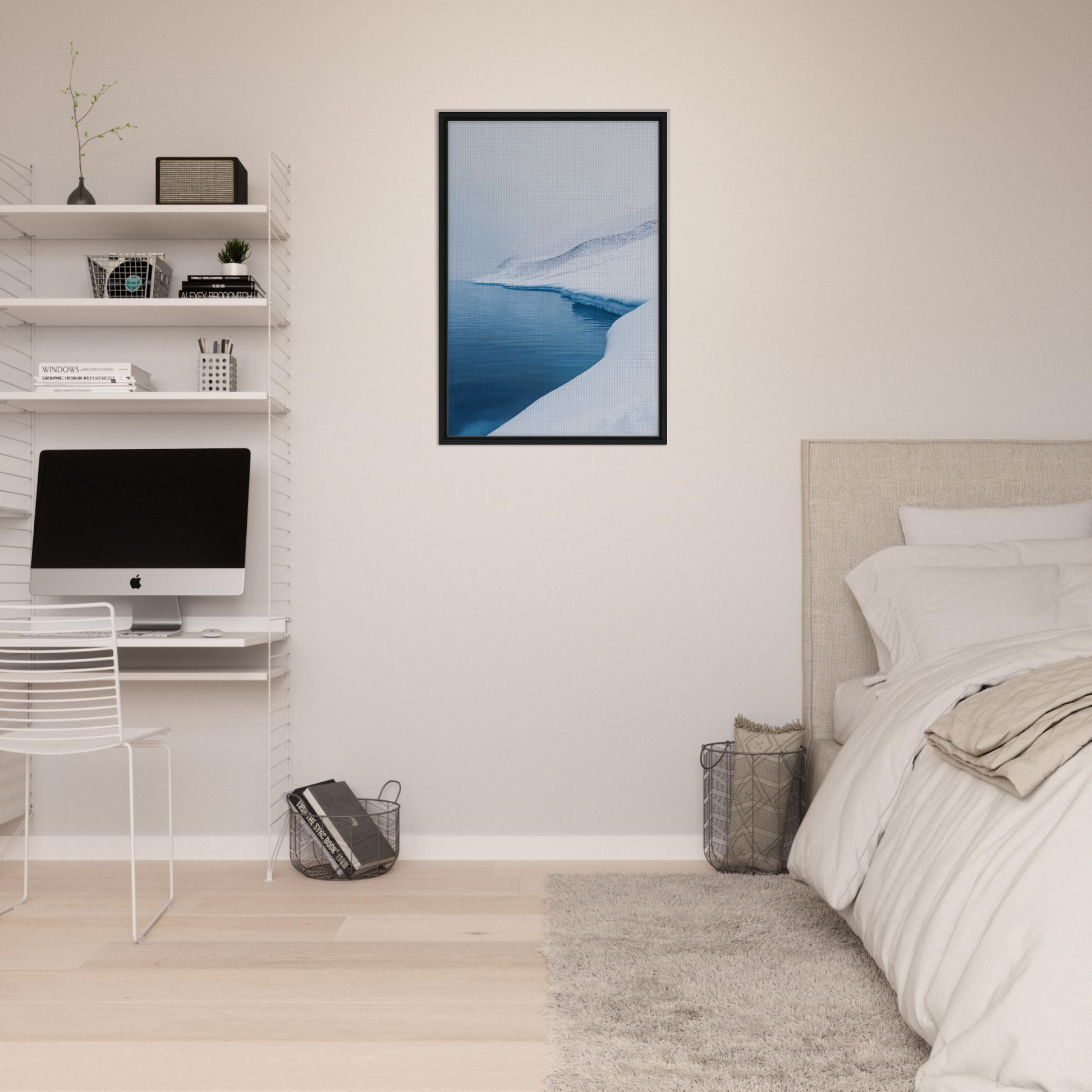 Minimalist bedroom showcasing Serene Ice Reverie decor with white walls and floating shelves