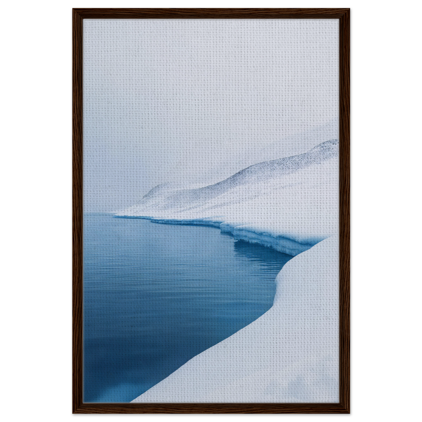 Snow-covered shoreline meets deep blue water in Serene Ice Reverie room decor