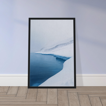 Framed artwork of a snowy landscape with a blue river for serene ice reverie room decor