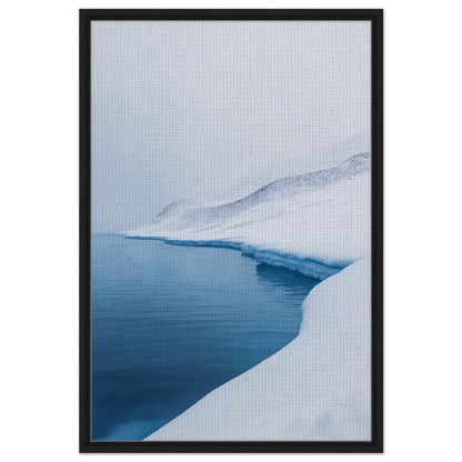 Framed canvas print of Serene Ice Reverie showcasing a snowy landscape and blue water