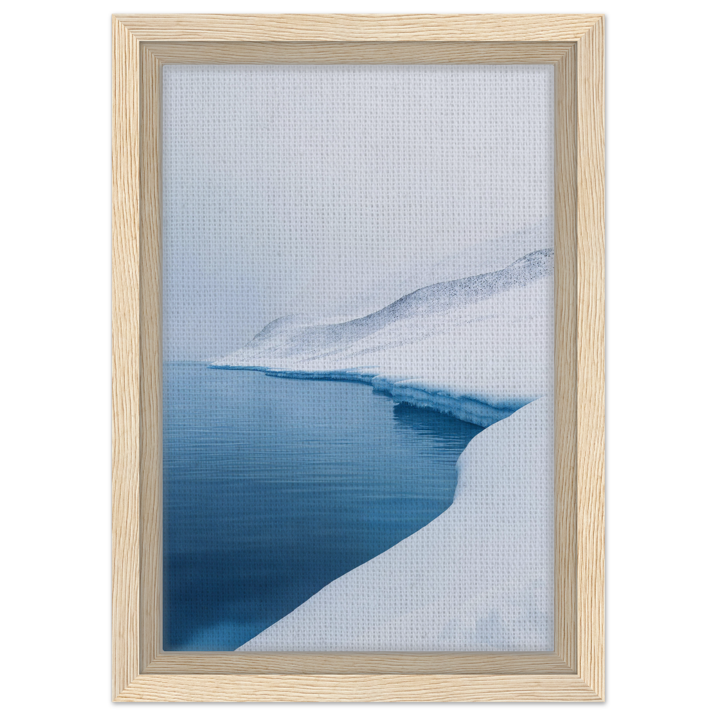 Framed artwork of serene ice reverie with snowy landscape and winding blue river for room decor