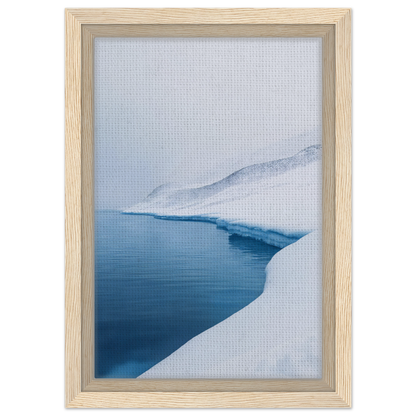 Framed artwork of serene ice reverie with snowy landscape and winding blue river for room decor