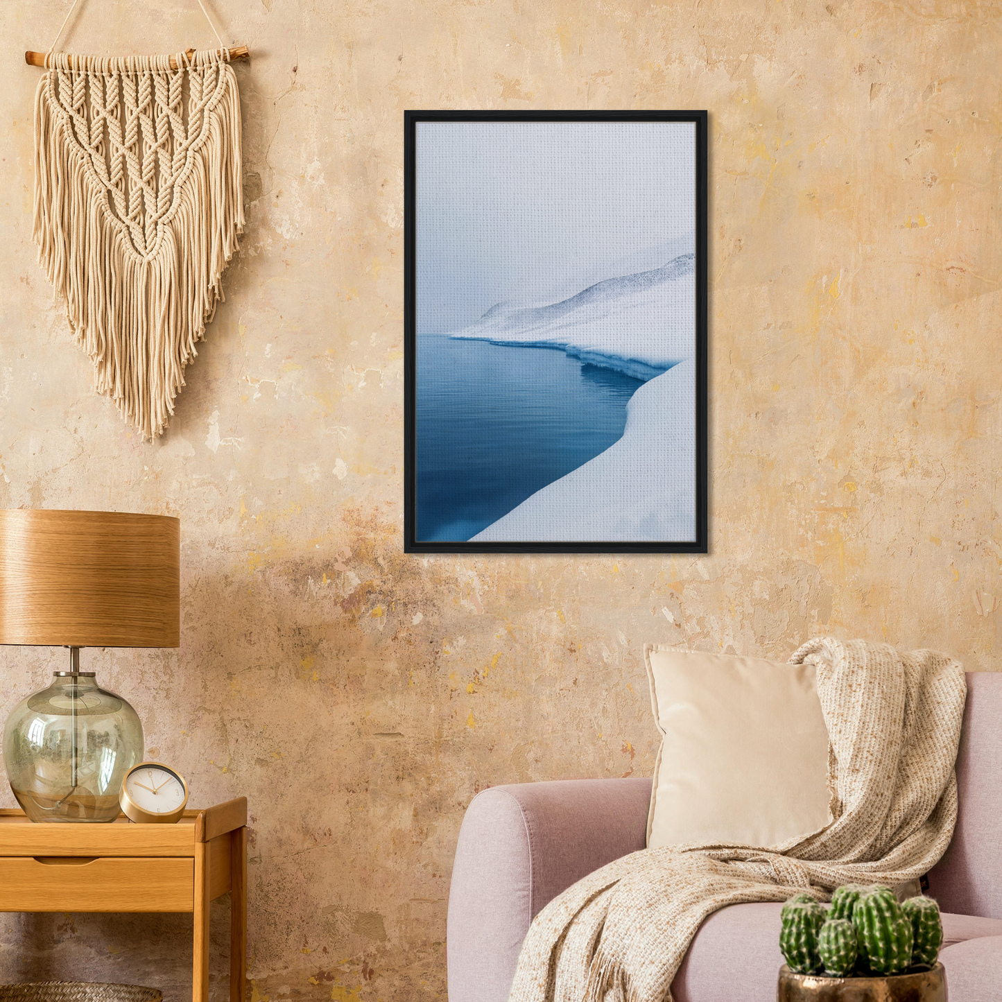 Framed photograph of a snowy landscape and blue water for Serene Ice Reverie room decor