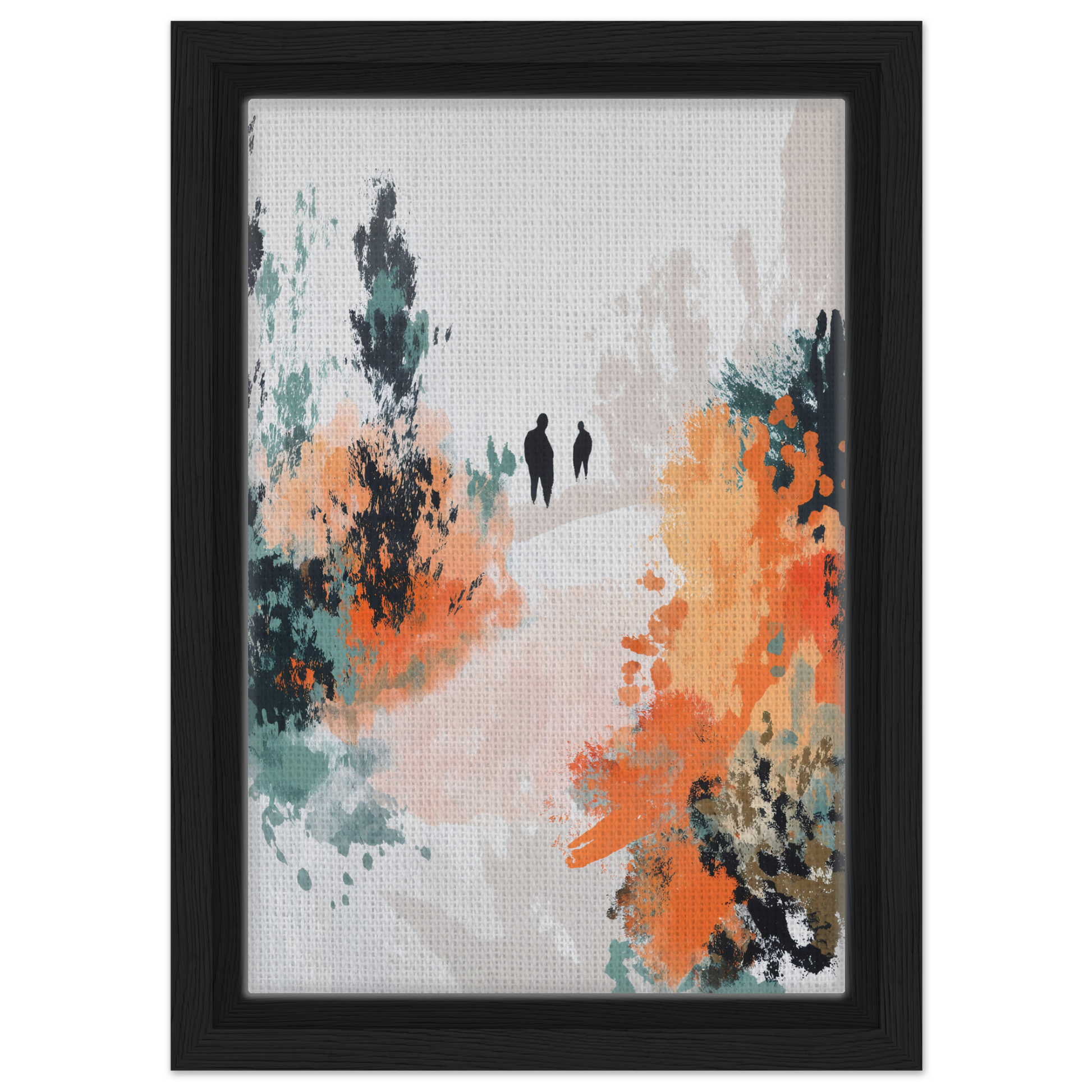 Abstract painting of silhouetted figures in vibrant brushstrokes, Serene Silhouette Saga framed canvas print