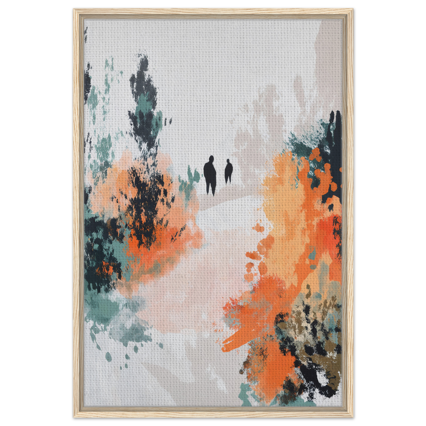 Abstract painting of two silhouetted figures in colorful splashes from Serene Silhouette Saga