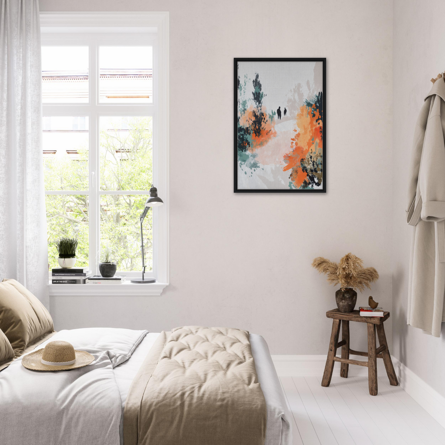 Bright airy bedroom with white walls and colorful abstract painting for Serene Silhouette Saga