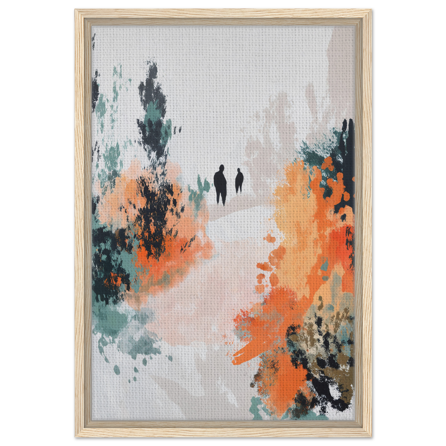 Abstract painting of two silhouetted figures in a misty landscape for Serene Silhouette Saga